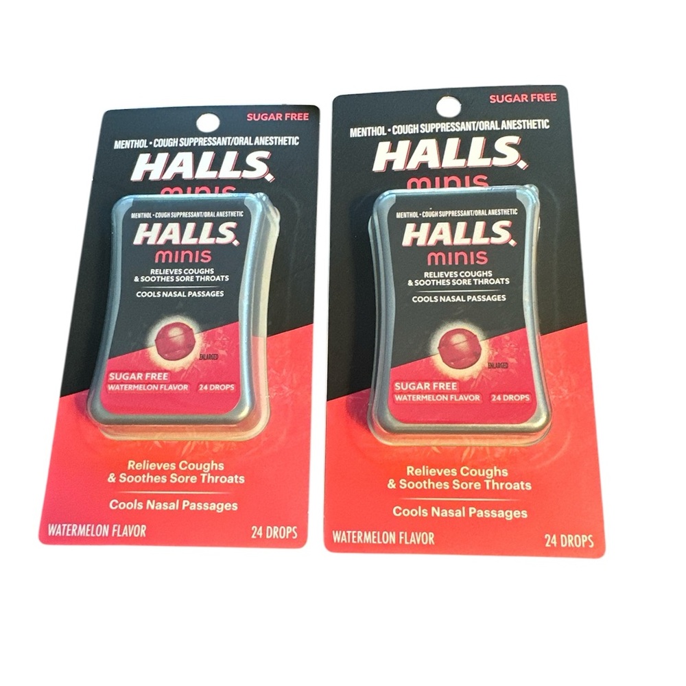 Halls Minis Watermelon Flavor Cough Drops, 2 new packs, 24 drops per pack